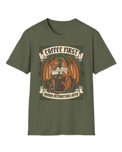 Coffee First shirt in military green with a dragon hugging a large iced coffee cup with coffee bean decorations and banners