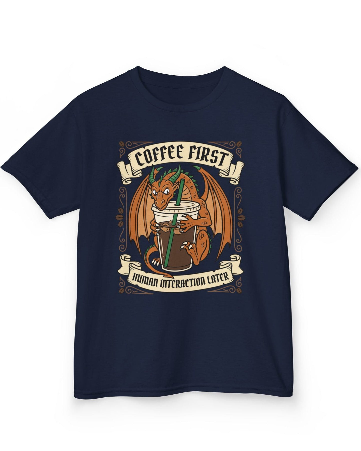 Coffee First shirt in navy with a dragon hugging a large iced coffee cup with coffee bean decorations and banners