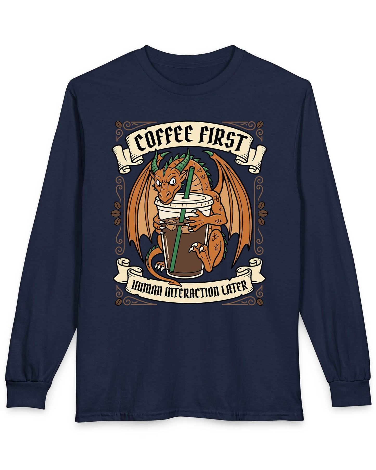 Coffee First shirt in navy with a dragon hugging a large iced coffee cup with coffee bean decorations and banners