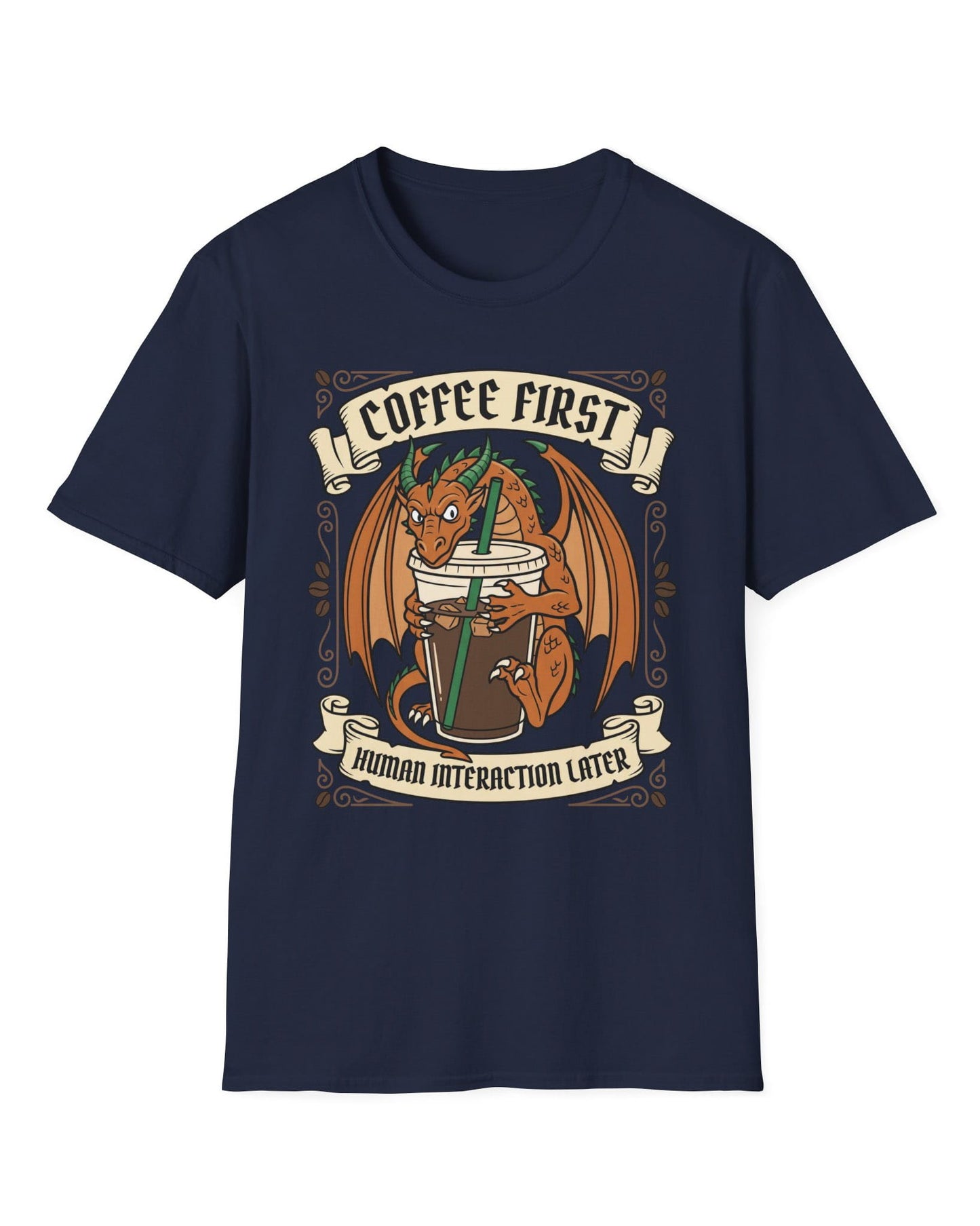 Coffee First shirt in navy with a dragon hugging a large iced coffee cup with coffee bean decorations and banners