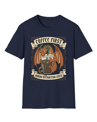 Coffee First shirt in navy with a dragon hugging a large iced coffee cup with coffee bean decorations and banners