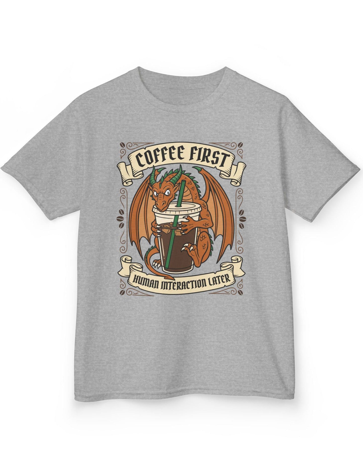 Coffee First shirt in sport grey with a dragon hugging a large iced coffee cup with coffee bean decorations and banners