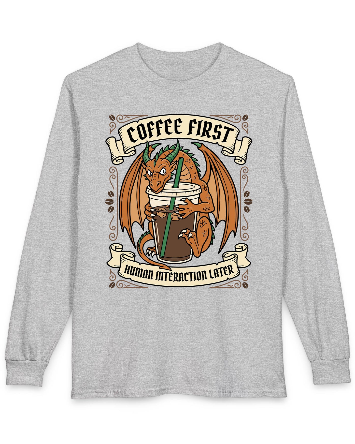 Coffee First shirt in sport grey with a dragon hugging a large iced coffee cup with coffee bean decorations and banners