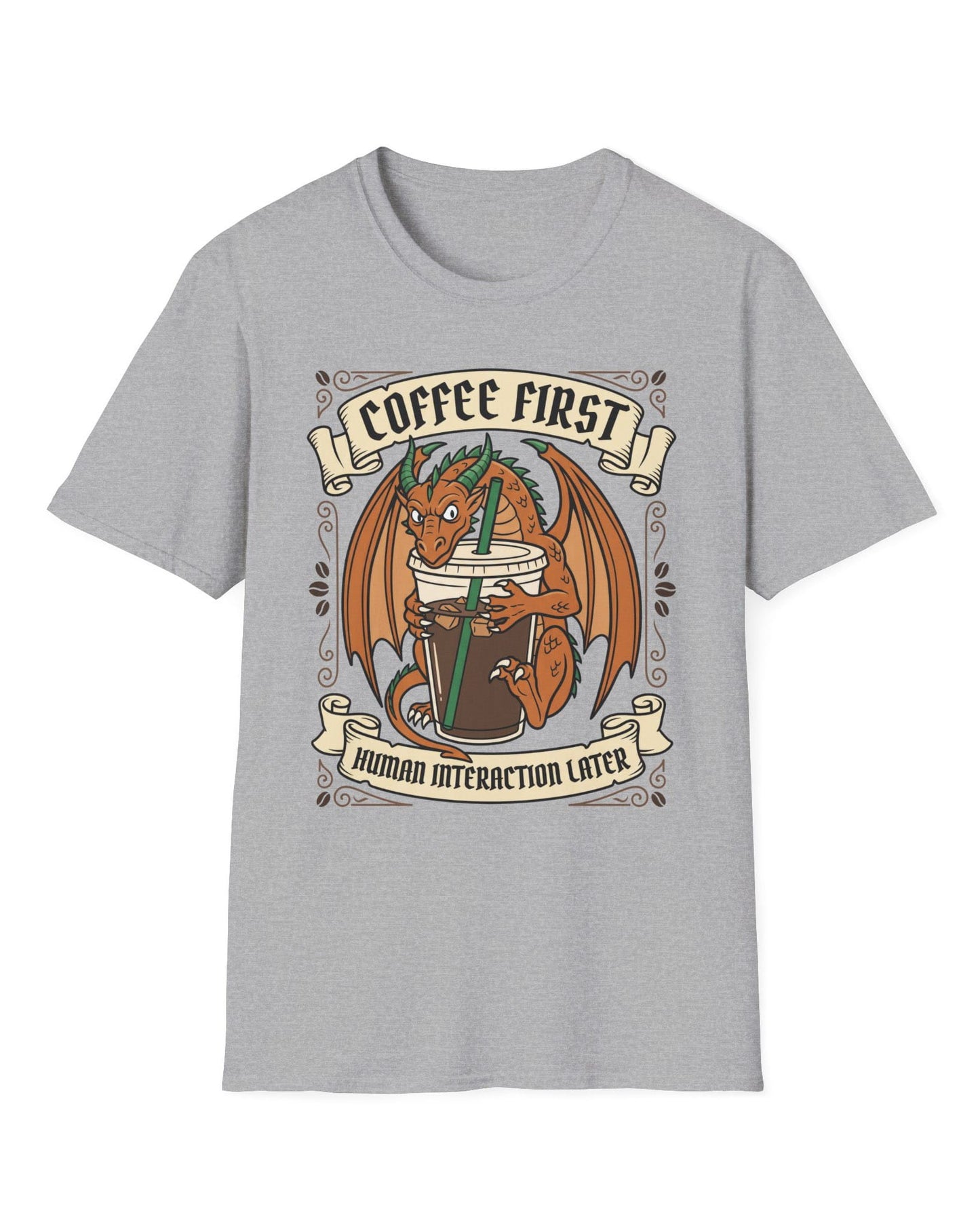 Coffee First shirt in sport grey with a dragon hugging a large iced coffee cup with coffee bean decorations and banners