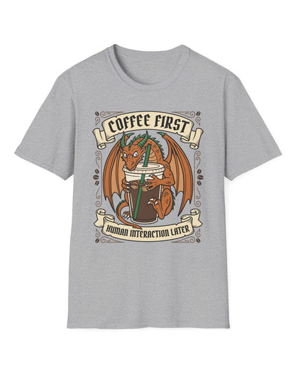 Coffee First shirt in sport grey with a dragon hugging a large iced coffee cup with coffee bean decorations and banners