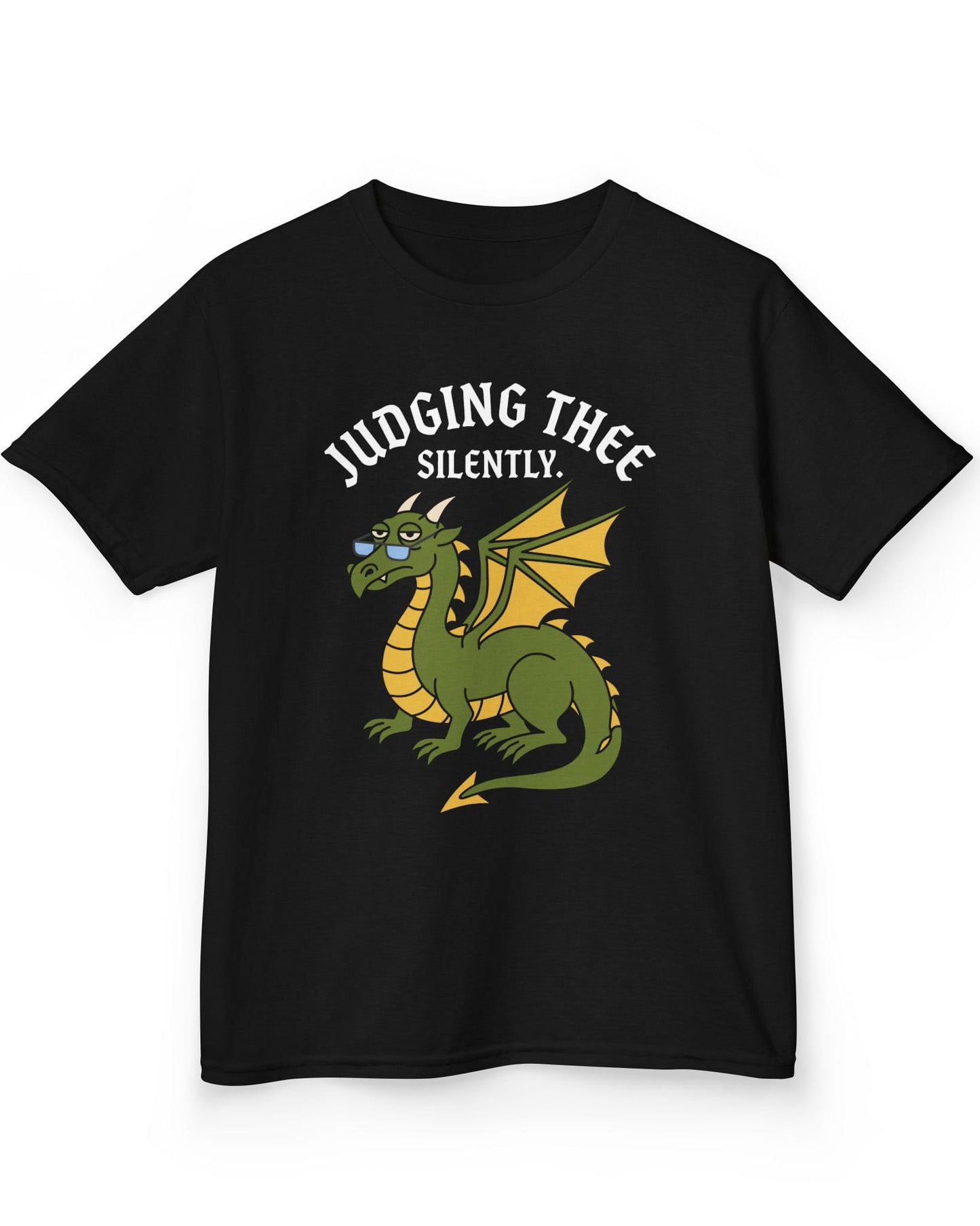 Judging Thee Silently shirt in black featuring a judgmental green dragon with glasses, folded wings, and text