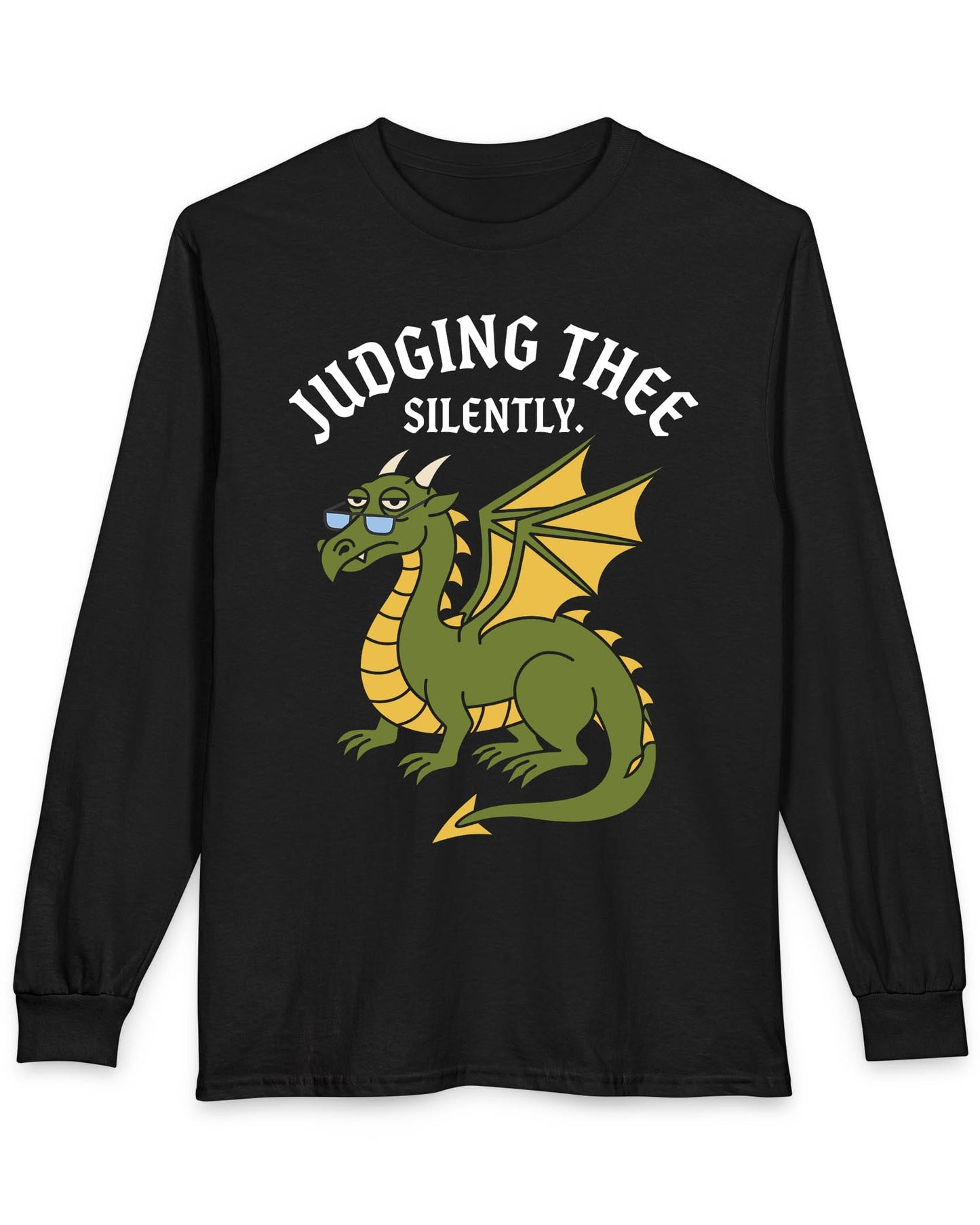 Judging Thee Silently shirt in black featuring a judgmental green dragon with glasses, folded wings, and text