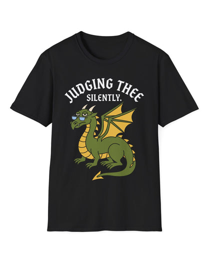 Judging Thee Silently shirt in black featuring a judgmental green dragon with glasses, folded wings, and text
