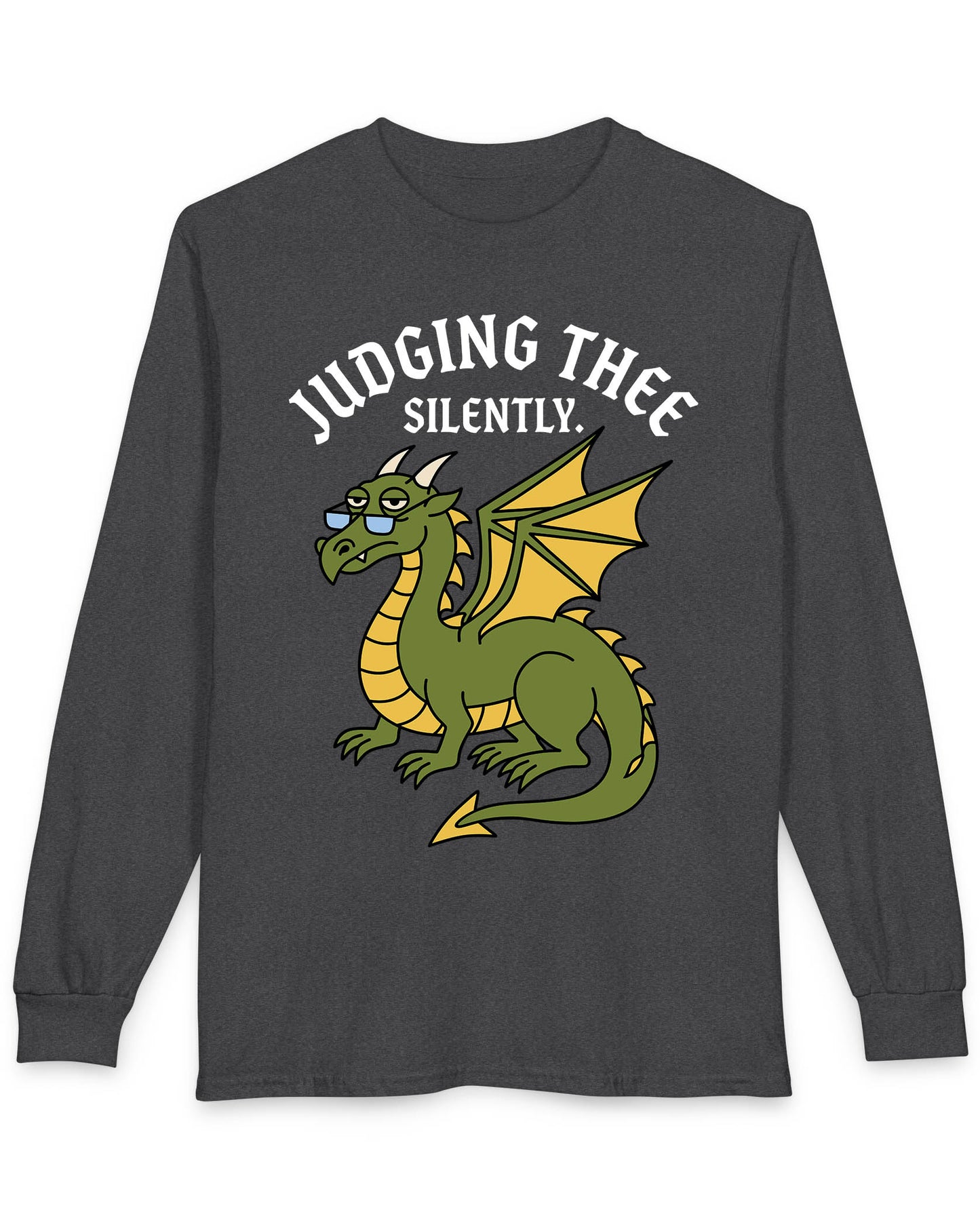 Judging Thee Silently shirt in dark heather featuring a judgmental green dragon with glasses, folded wings, and text