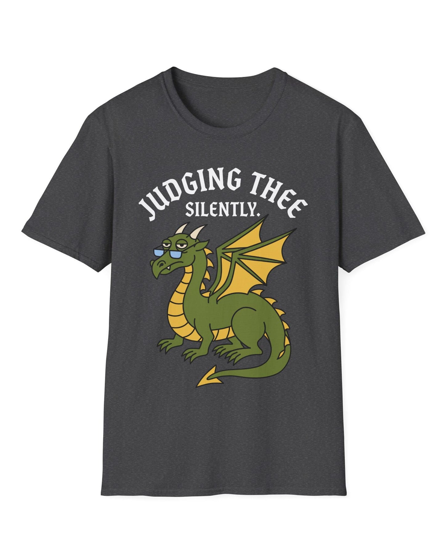 Judging Thee Silently shirt in dark heather featuring a judgmental green dragon with glasses, folded wings, and text