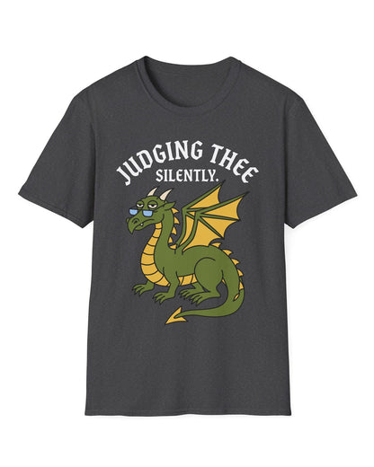 Judging Thee Silently shirt in dark heather featuring a judgmental green dragon with glasses, folded wings, and text