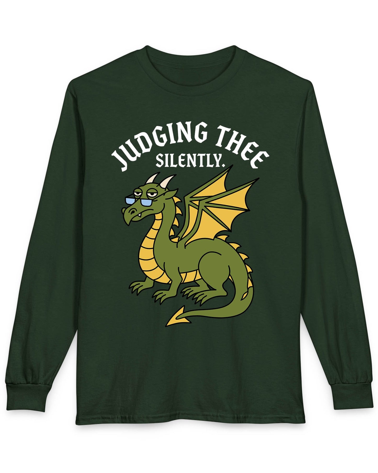 Judging Thee Silently shirt in forest green featuring a judgmental green dragon with glasses, folded wings, and text