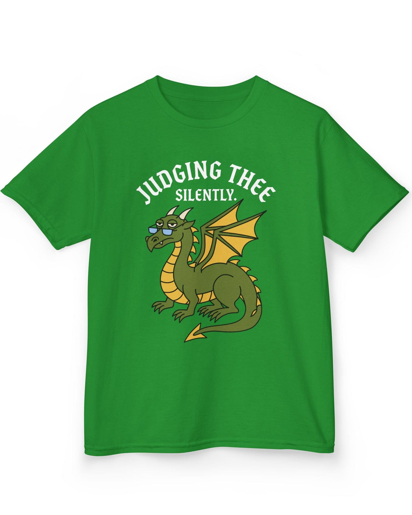 Judging Thee Silently shirt in Irish green featuring a judgmental green dragon with glasses, folded wings, and text