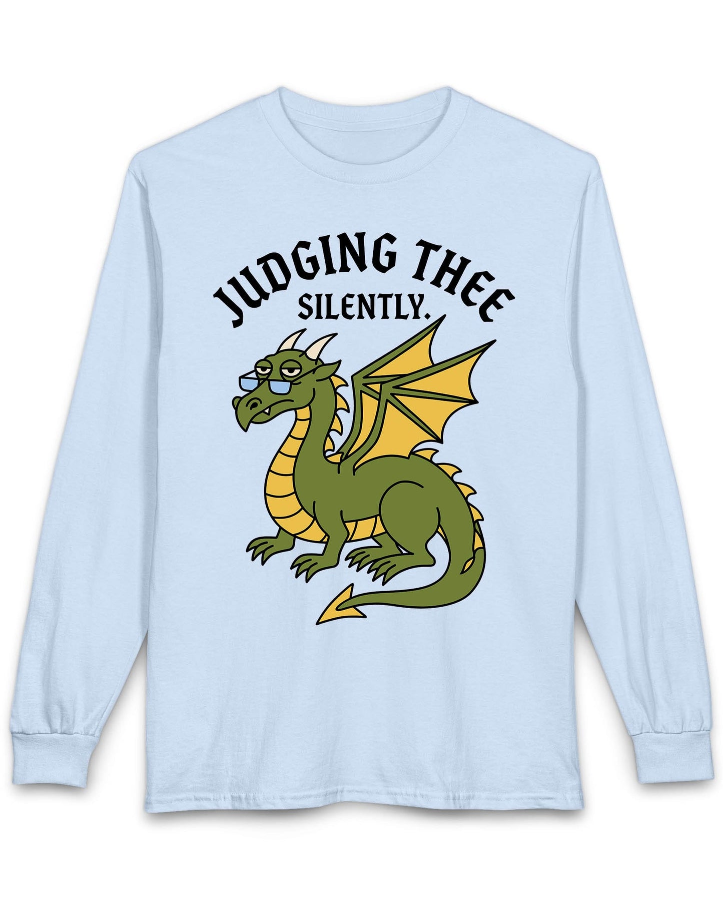 Judging Thee Silently shirt in light blue featuring a judgmental green dragon with glasses, folded wings, and text