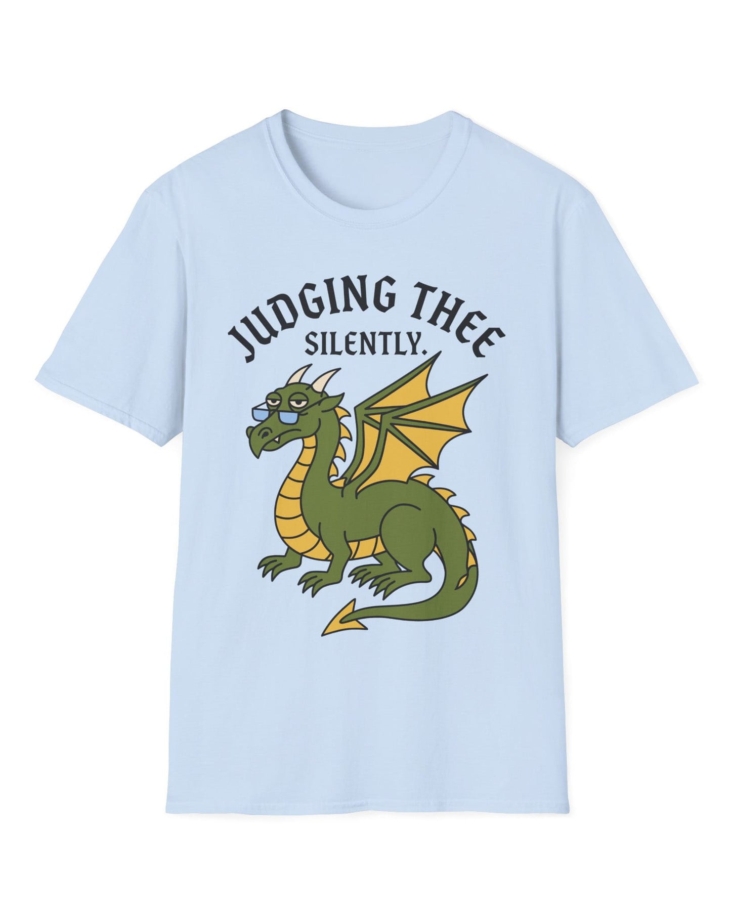 Judging Thee Silently shirt in light blue featuring a judgmental green dragon with glasses, folded wings, and text