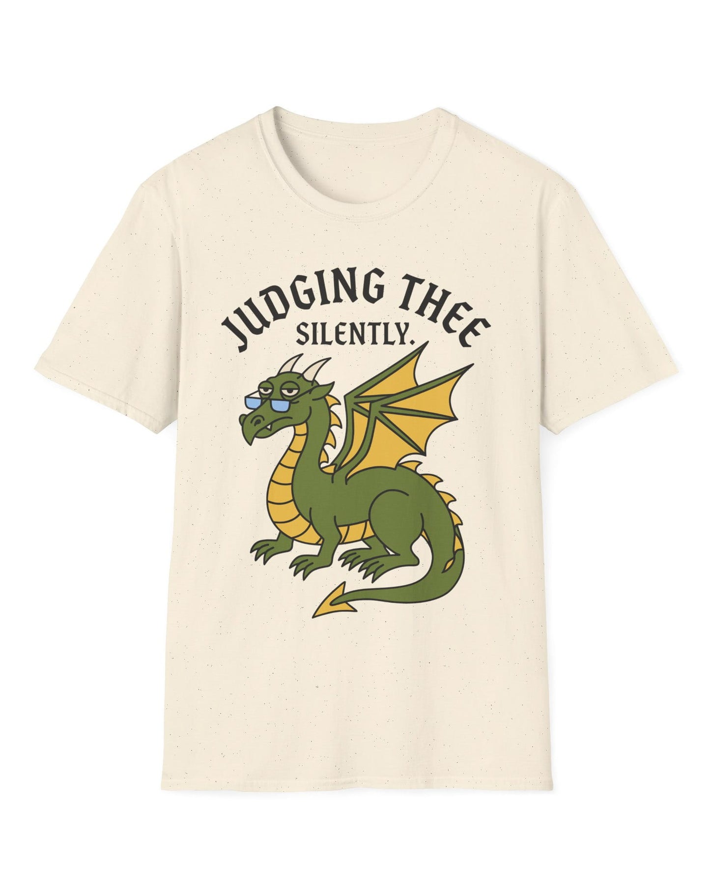 Judging Thee Silently shirt in natural featuring a judgmental green dragon with glasses, folded wings, and text