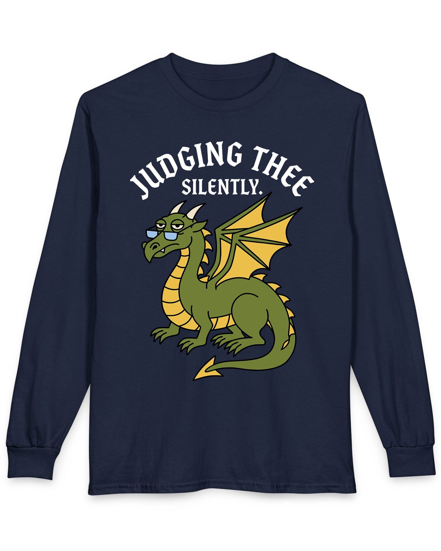 Judging Thee Silently shirt in navy featuring a judgmental green dragon with glasses, folded wings, and text