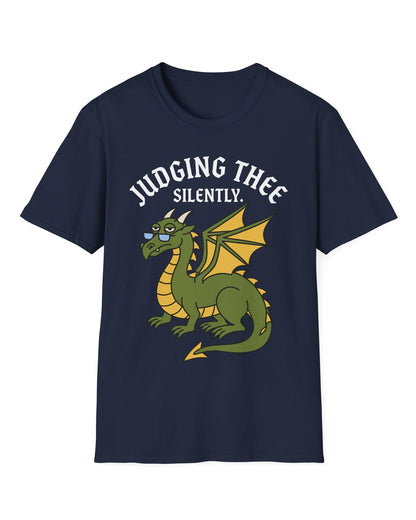 Judging Thee Silently shirt in navy featuring a judgmental green dragon with glasses, folded wings, and text