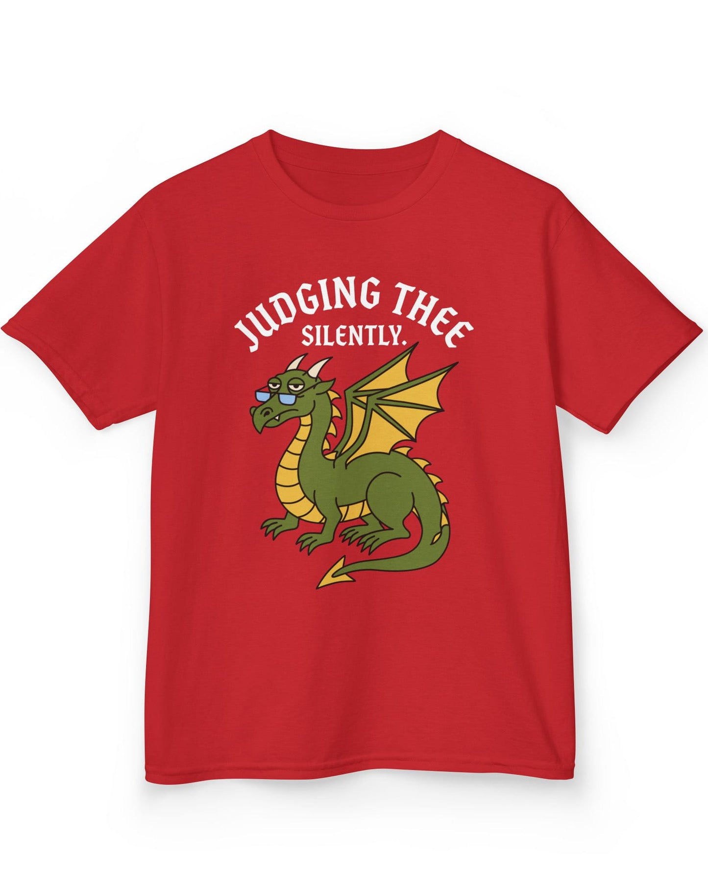 Judging Thee Silently shirt in red featuring a judgmental green dragon with glasses, folded wings, and text