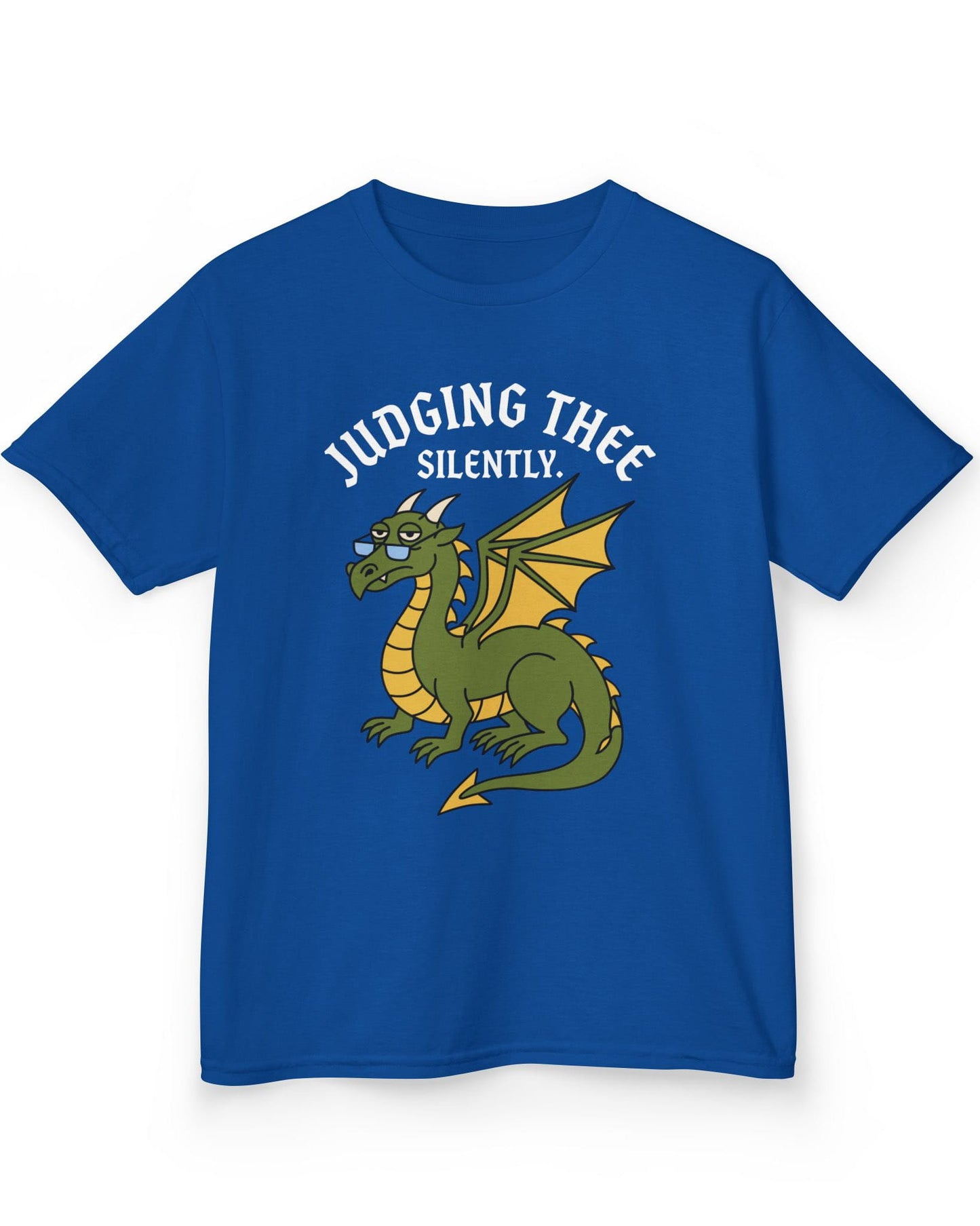 Judging Thee Silently shirt in royal blue featuring a judgmental green dragon with glasses, folded wings, and text