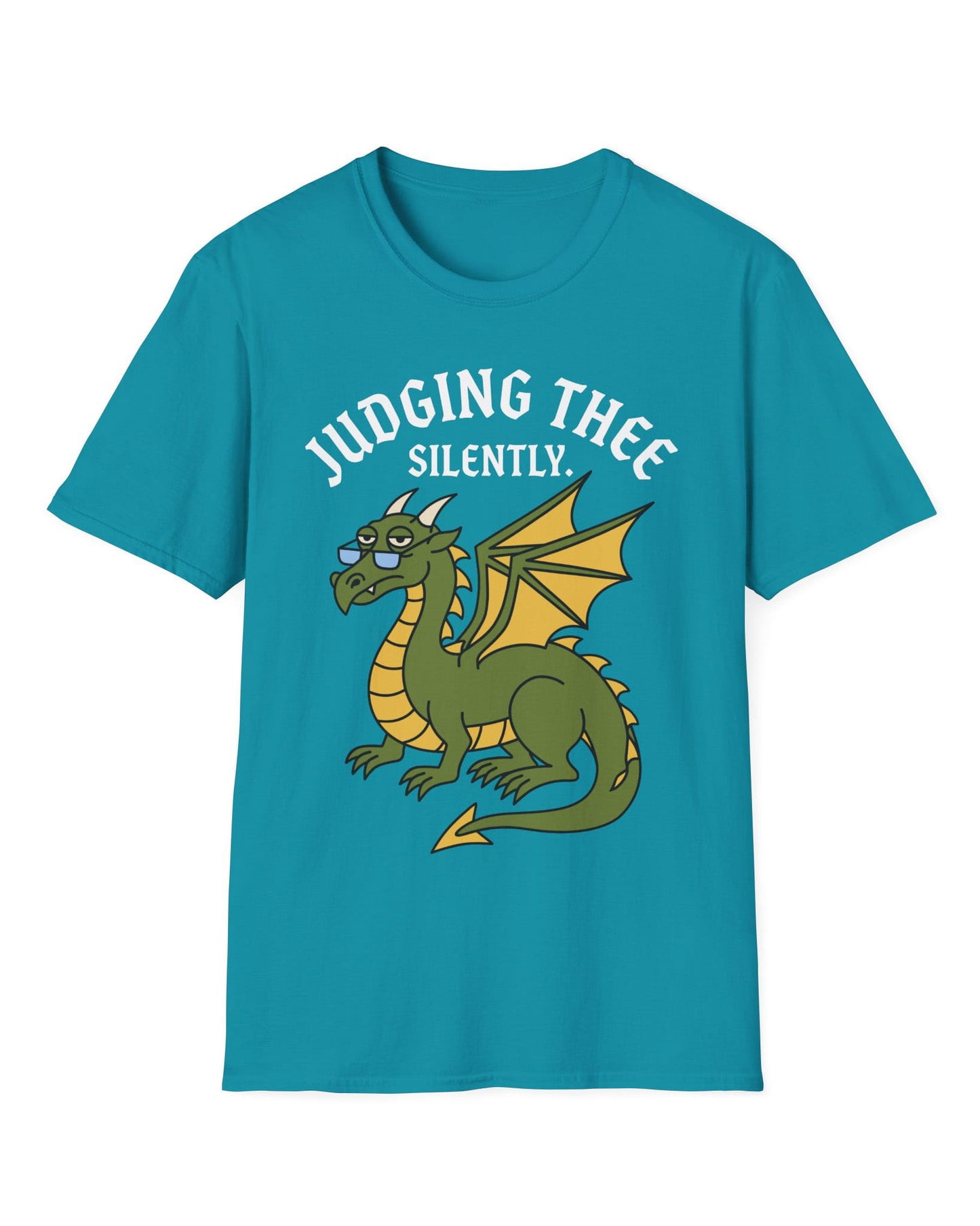 Judging Thee Silently shirt in tropical blue featuring a judgmental green dragon with glasses, folded wings, and text