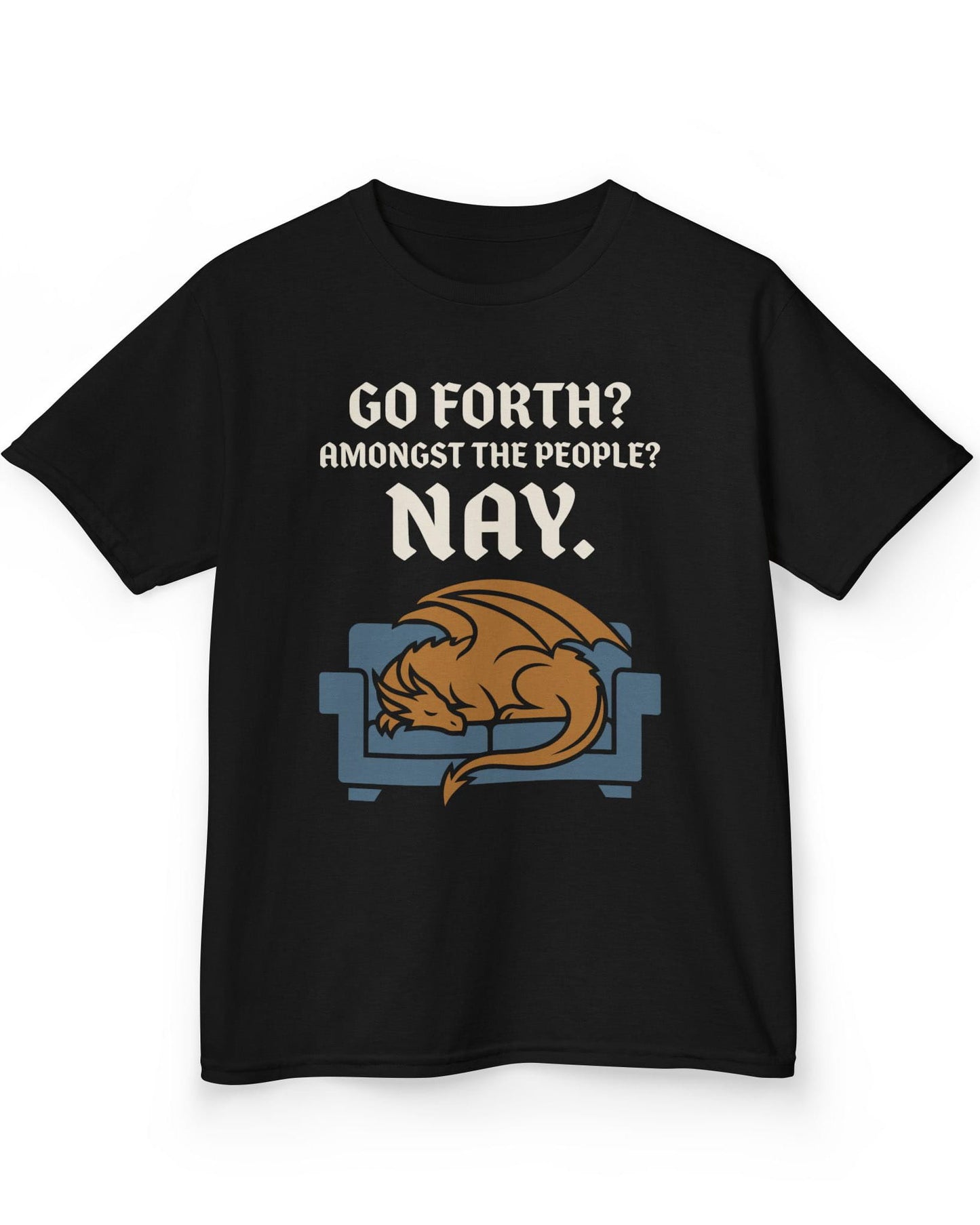 Go Forth shirt in black featuring a sleeping orange dragon curled up on a blue couch with text