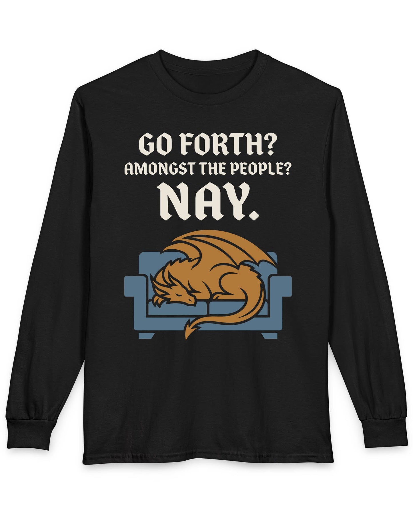 Go Forth shirt in black featuring a sleeping orange dragon curled up on a blue couch with text
