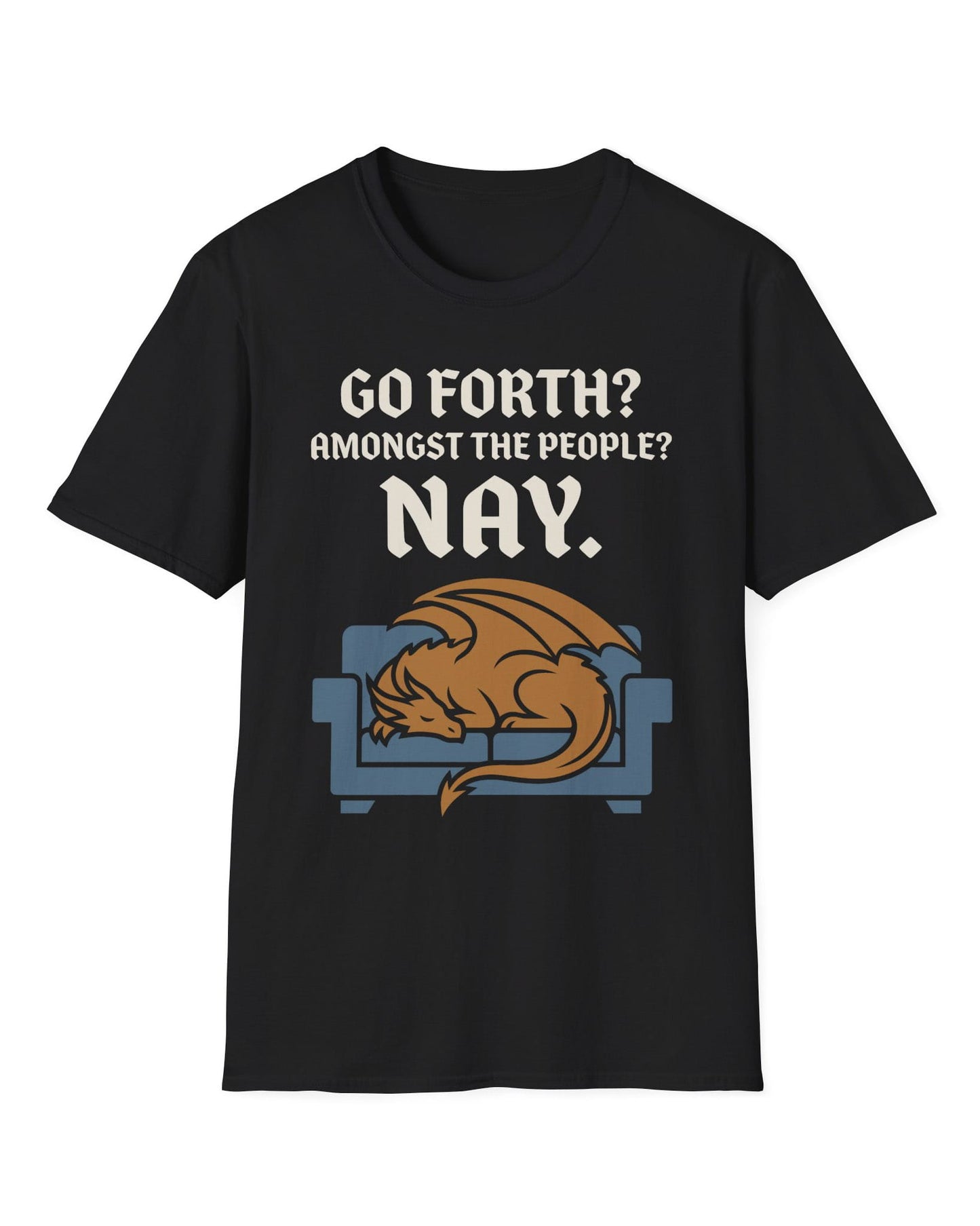 Go Forth shirt in black featuring a sleeping orange dragon curled up on a blue couch with text