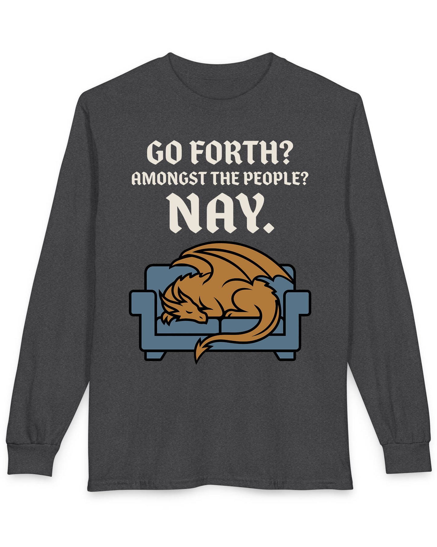 Go Forth shirt in dark heather featuring a sleeping orange dragon curled up on a blue couch with text