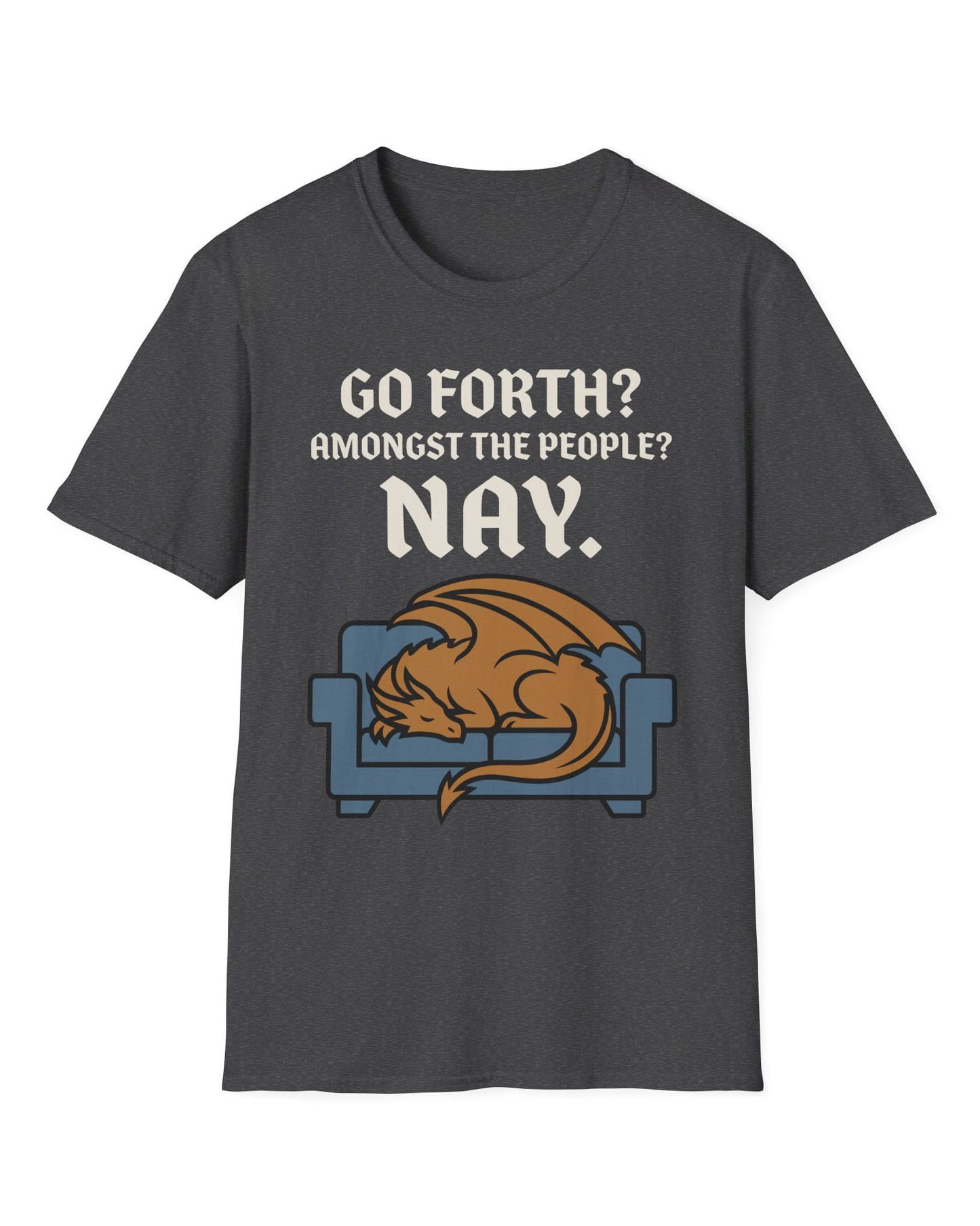 Go Forth shirt in dark heather featuring a sleeping orange dragon curled up on a blue couch with text