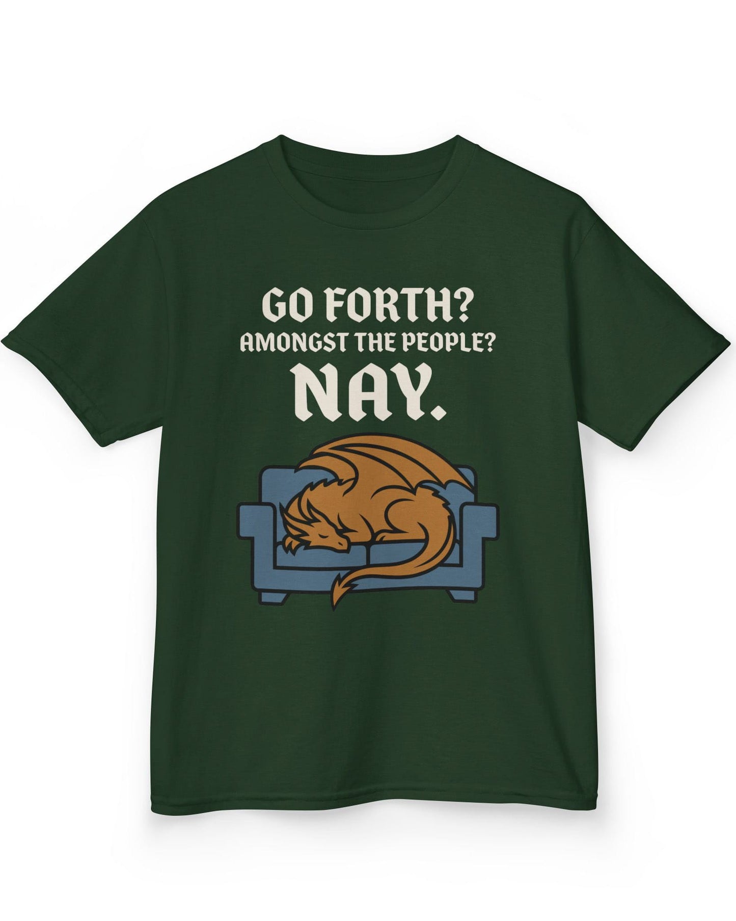 Go Forth shirt in forest green featuring a sleeping orange dragon curled up on a blue couch with text