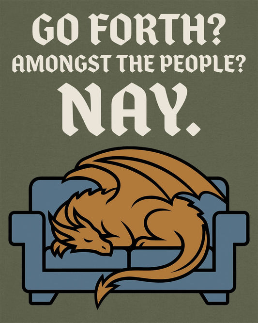 Go Forth shirt in military green featuring a sleeping orange dragon curled up on a blue couch with text