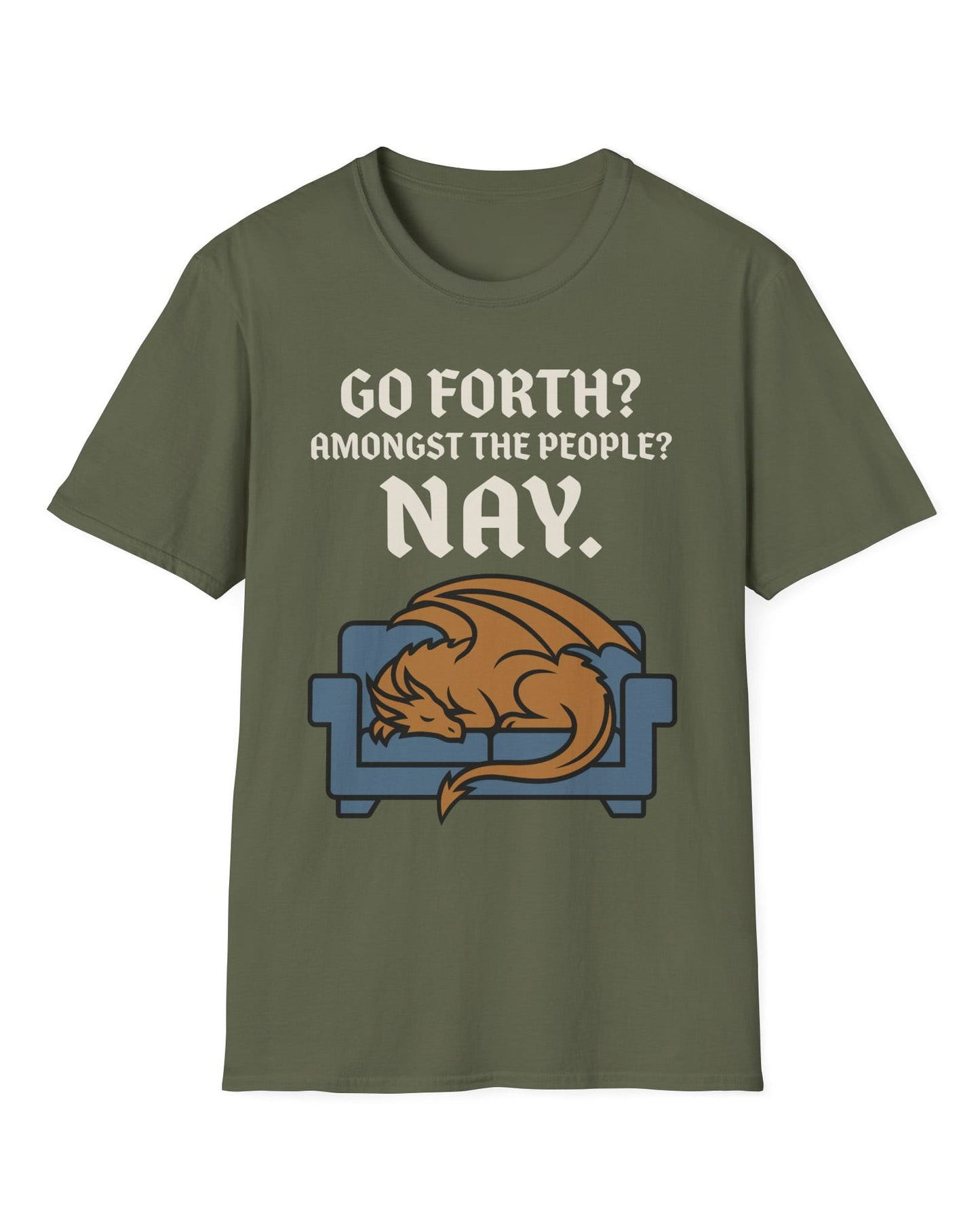 Go Forth shirt in military green featuring a sleeping orange dragon curled up on a blue couch with text