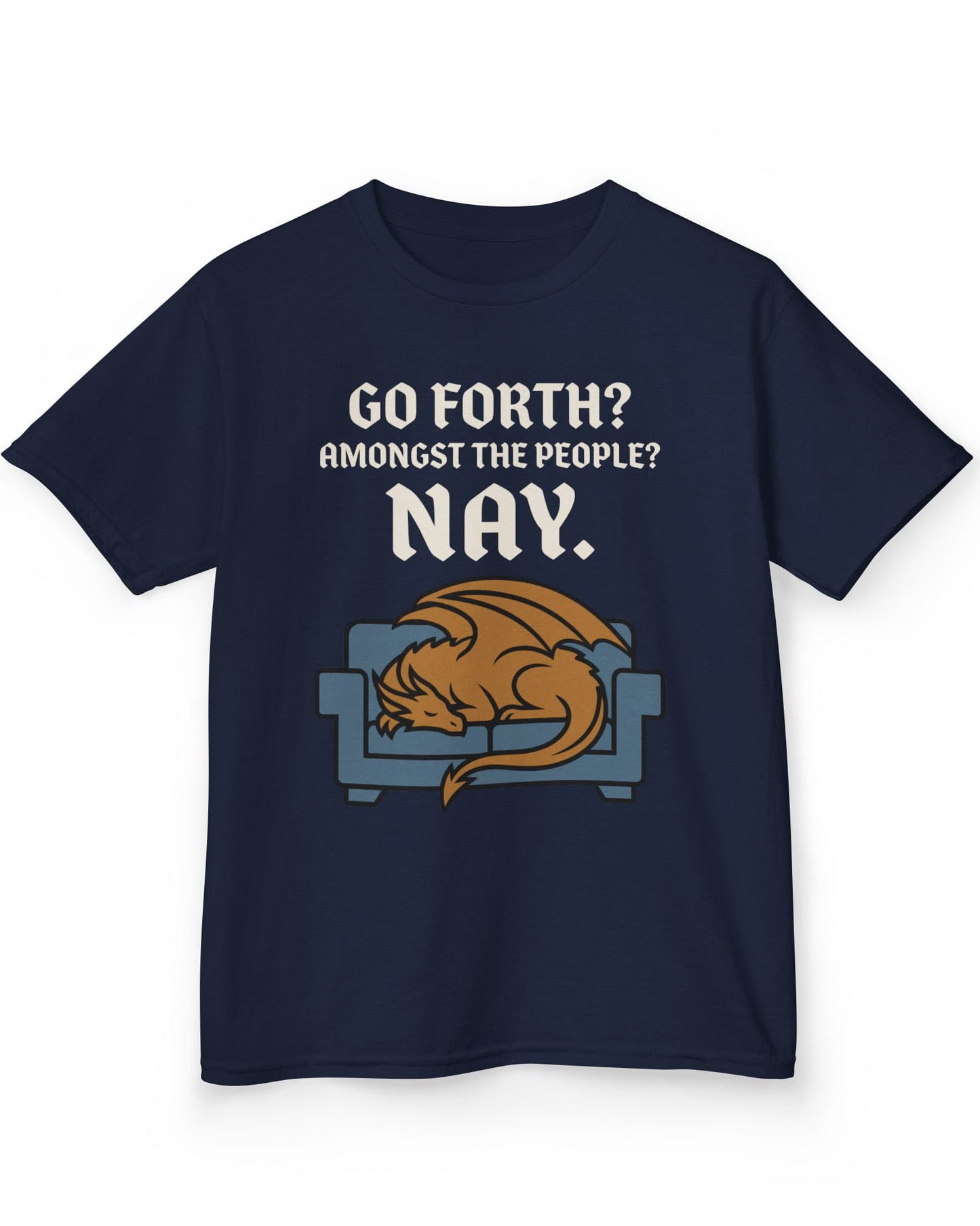 Go Forth shirt in navy featuring a sleeping orange dragon curled up on a blue couch with text