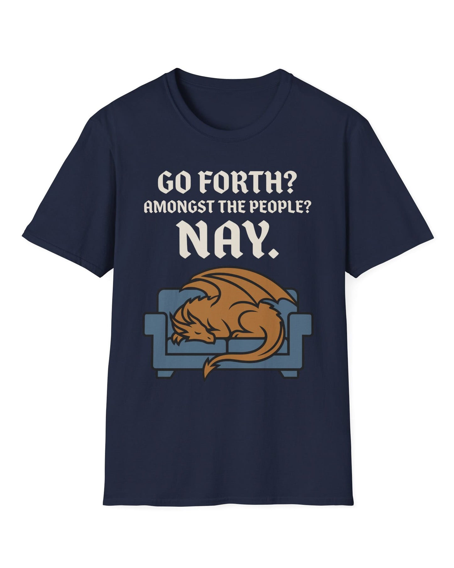 Go Forth shirt in navy featuring a sleeping orange dragon curled up on a blue couch with text