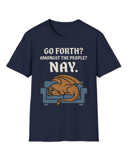 Go Forth shirt in navy featuring a sleeping orange dragon curled up on a blue couch with text