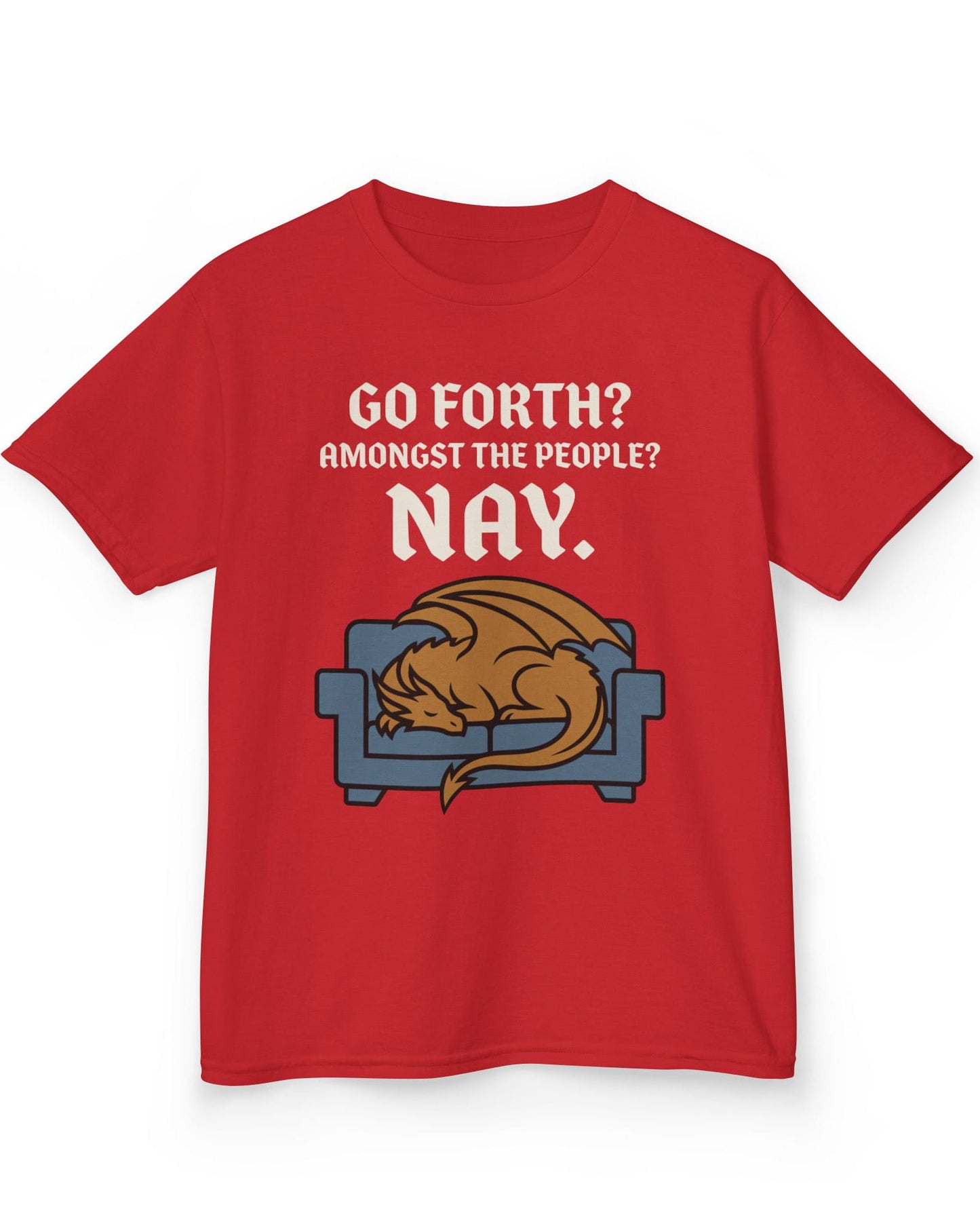 Go Forth shirt in red featuring a sleeping orange dragon curled up on a blue couch with text