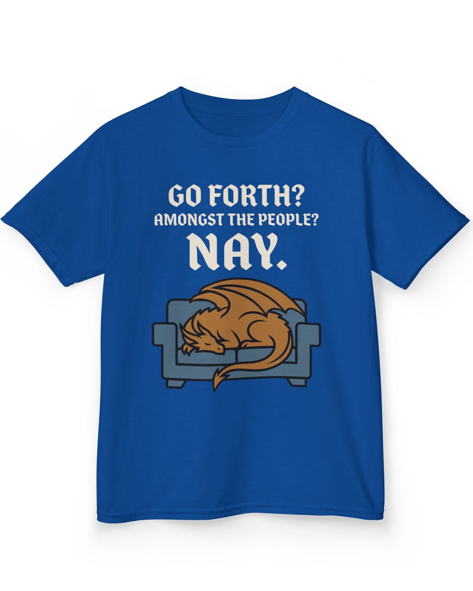 Go Forth shirt in royal blue featuring a sleeping orange dragon curled up on a blue couch with text