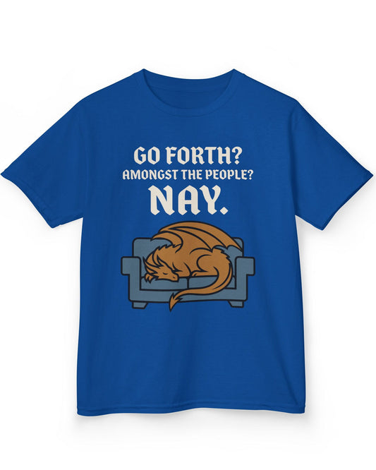 Go Forth shirt in royal blue featuring a sleeping orange dragon curled up on a blue couch with text