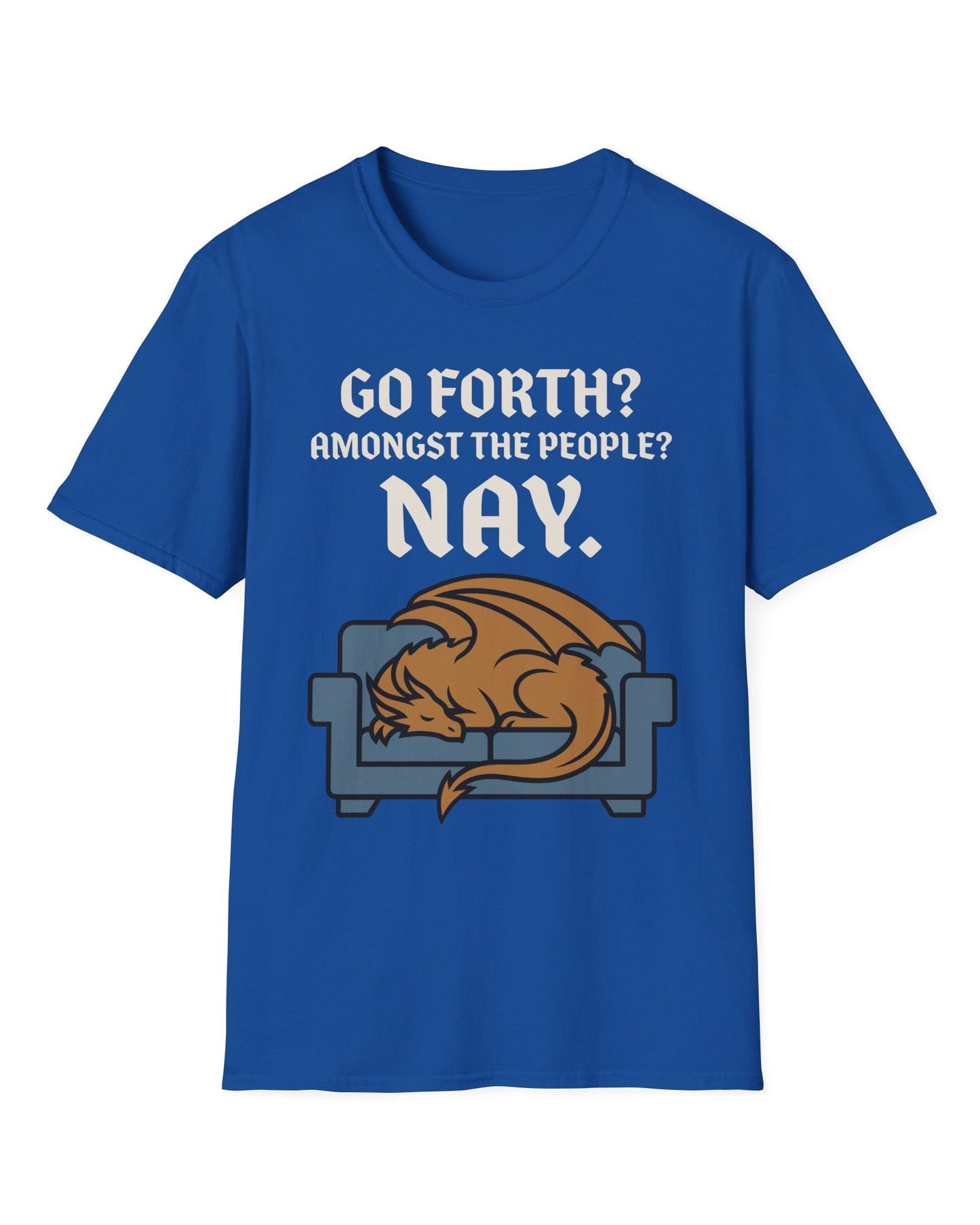 Go Forth shirt in royal blue featuring a sleeping orange dragon curled up on a blue couch with text