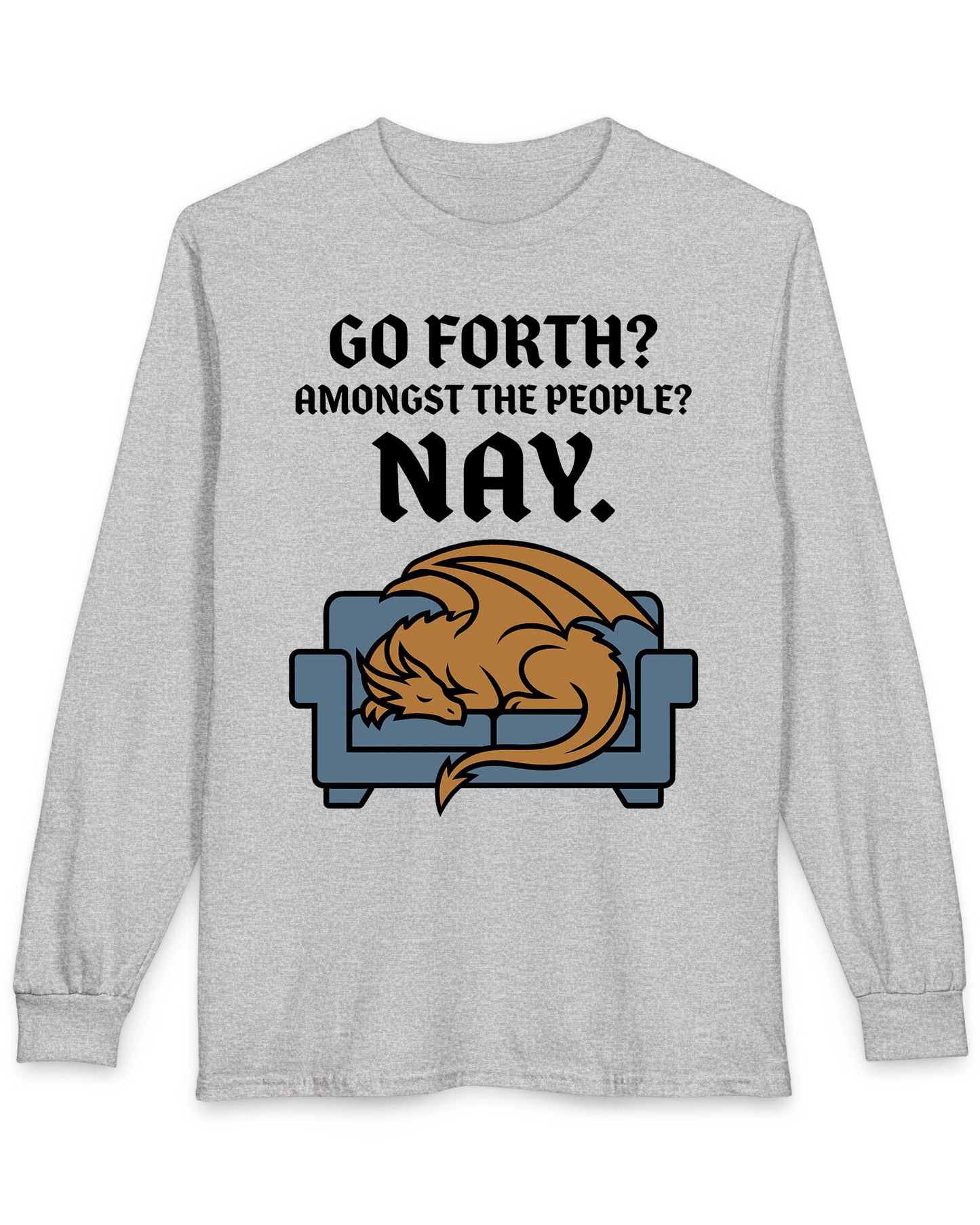 Go Forth shirt in sport grey featuring a sleeping orange dragon curled up on a blue couch with text
