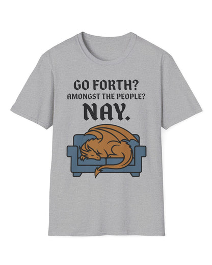 Go Forth shirt in sport grey featuring a sleeping orange dragon curled up on a blue couch with text
