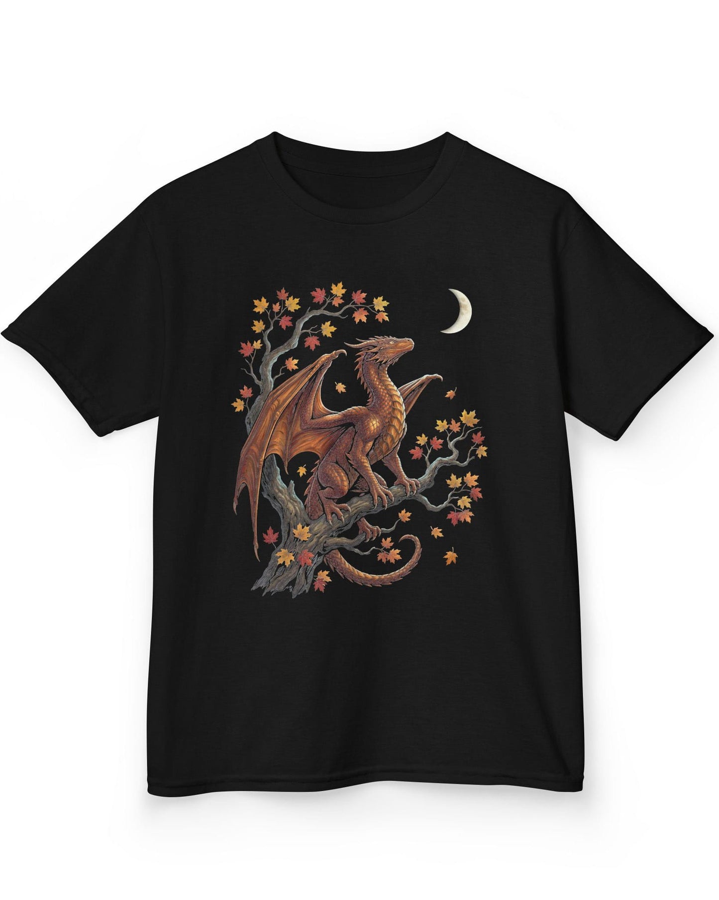 Autumn Watch shirt in black featuring a copper dragon on a gnarled tree with red and gold leaves and a crescent moon
