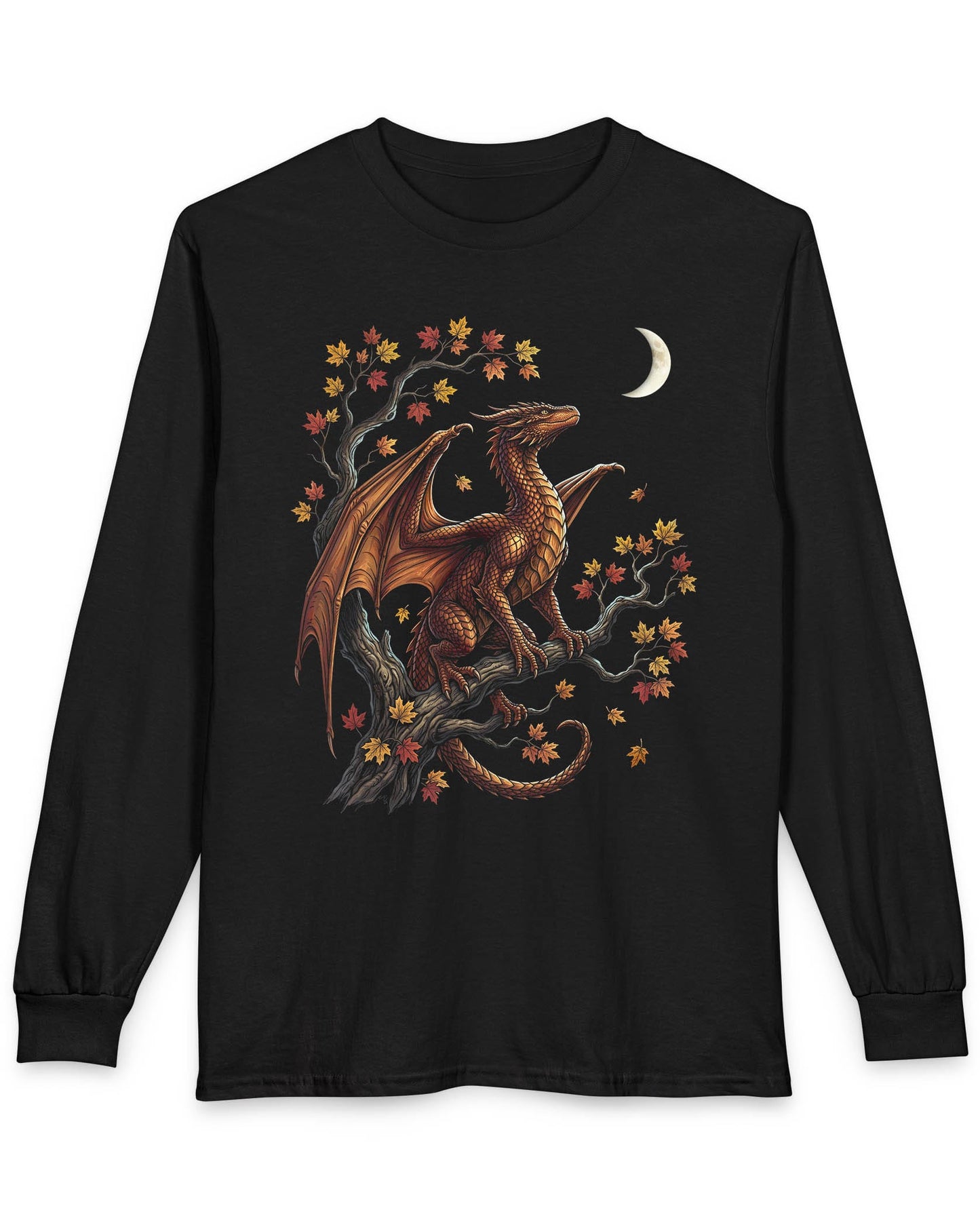 Autumn Watch shirt in black featuring a copper dragon on a gnarled tree with red and gold leaves and a crescent moon
