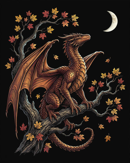 Autumn Watch shirt in black featuring a copper dragon on a gnarled tree with red and gold leaves and a crescent moon