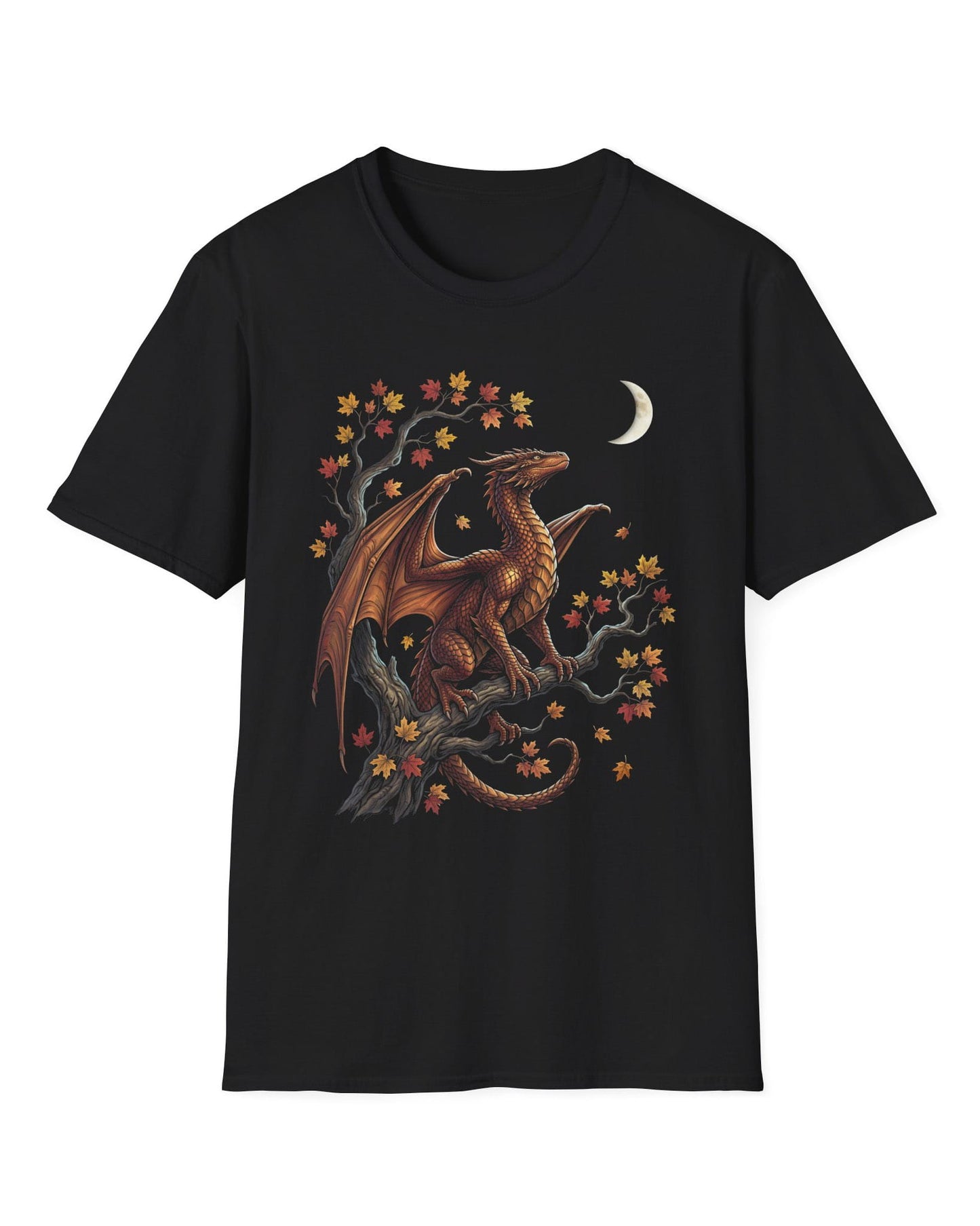 Autumn Watch shirt in black featuring a copper dragon on a gnarled tree with red and gold leaves and a crescent moon