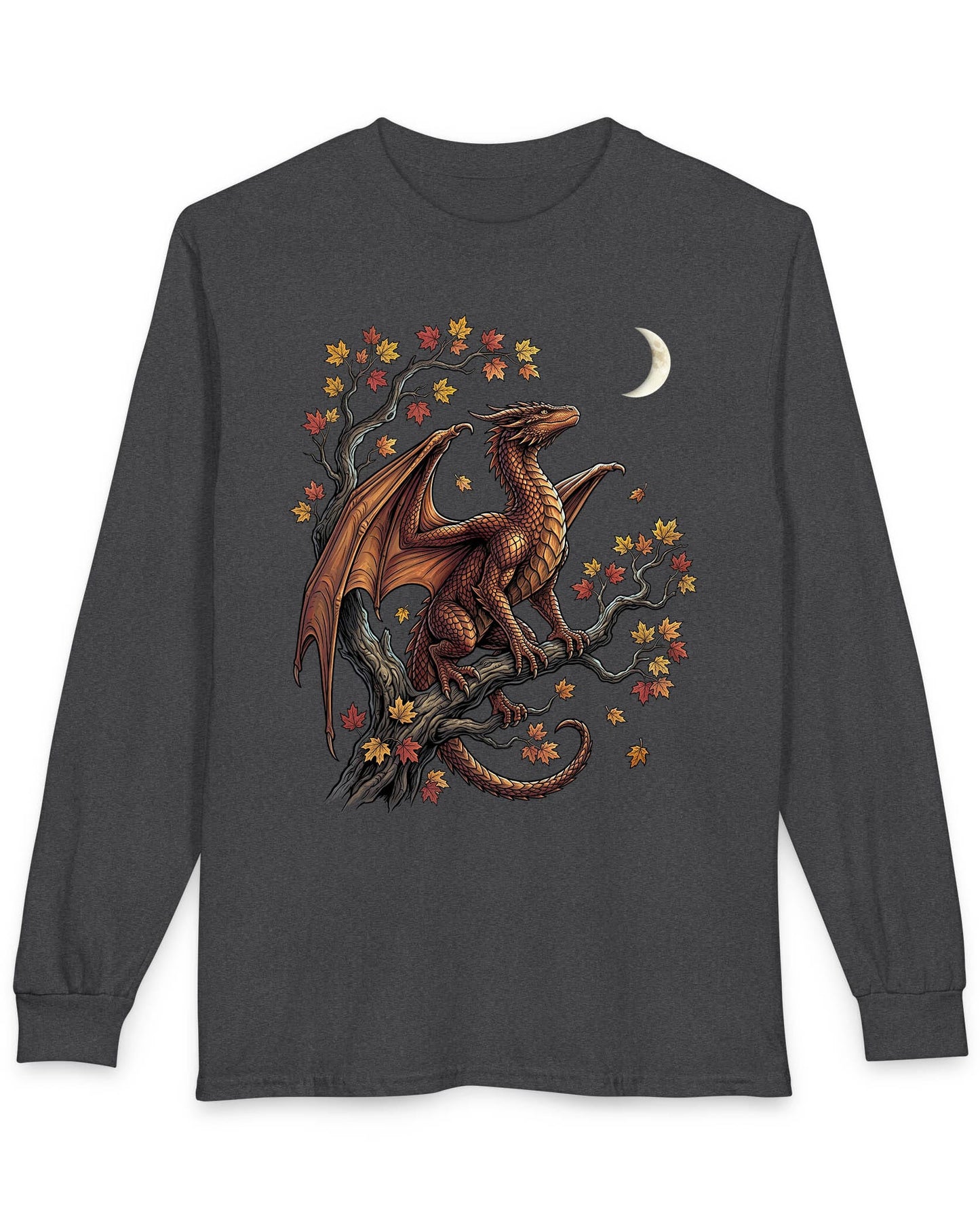 Autumn Watch shirt in dark heather featuring a copper dragon on a gnarled tree with red and gold leaves and a crescent moon