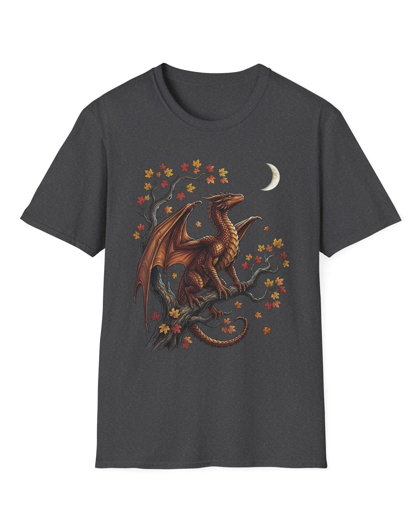Autumn Watch shirt in dark heather featuring a copper dragon on a gnarled tree with red and gold leaves and a crescent moon