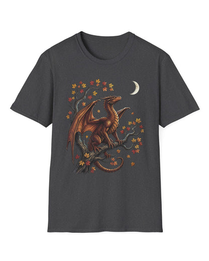 Autumn Watch shirt in dark heather featuring a copper dragon on a gnarled tree with red and gold leaves and a crescent moon