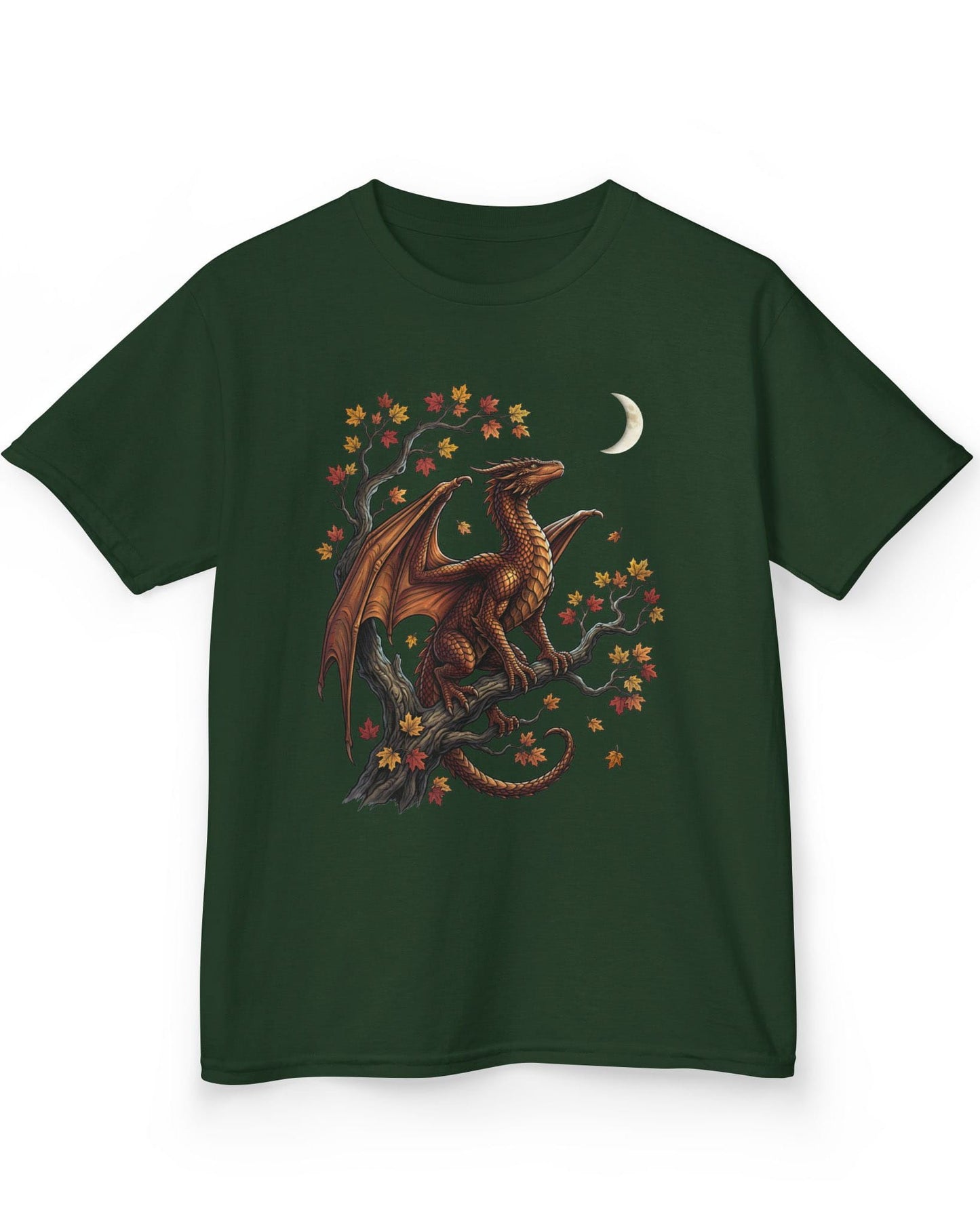 Autumn Watch shirt in forest green featuring a copper dragon on a gnarled tree with red and gold leaves and a crescent moon